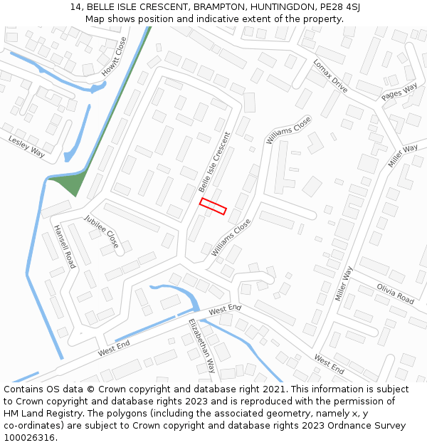 14, BELLE ISLE CRESCENT, BRAMPTON, HUNTINGDON, PE28 4SJ: Location map and indicative extent of plot