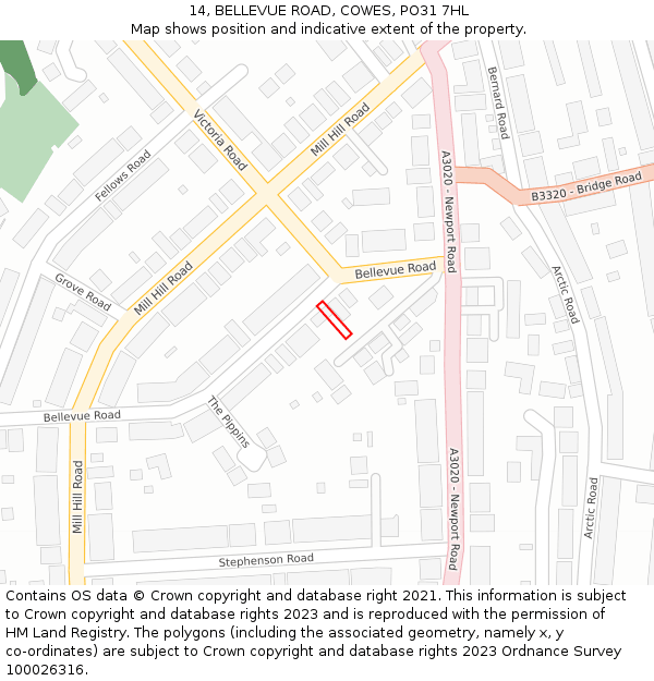 14, BELLEVUE ROAD, COWES, PO31 7HL: Location map and indicative extent of plot