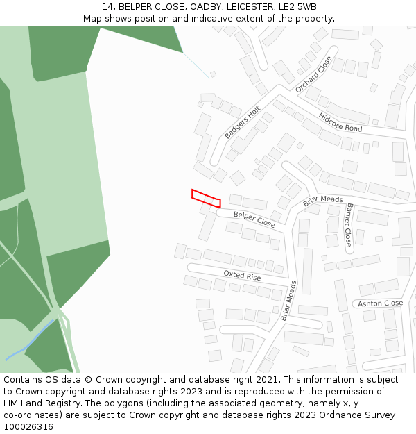 14, BELPER CLOSE, OADBY, LEICESTER, LE2 5WB: Location map and indicative extent of plot