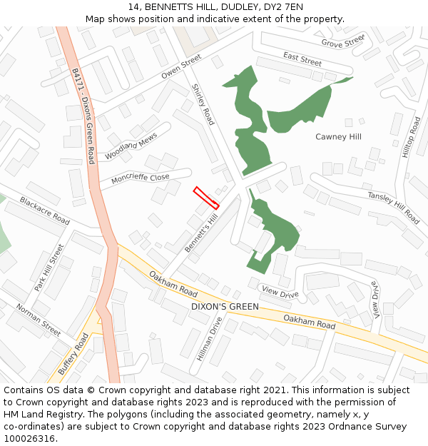 14, BENNETTS HILL, DUDLEY, DY2 7EN: Location map and indicative extent of plot