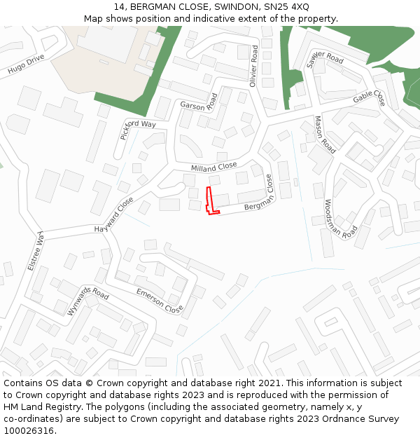 14, BERGMAN CLOSE, SWINDON, SN25 4XQ: Location map and indicative extent of plot