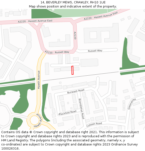 14, BEVERLEY MEWS, CRAWLEY, RH10 1UE: Location map and indicative extent of plot