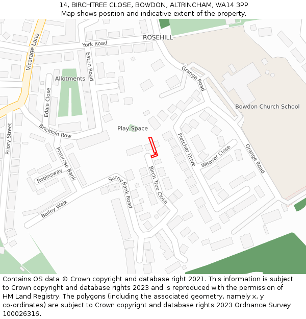 14, BIRCHTREE CLOSE, BOWDON, ALTRINCHAM, WA14 3PP: Location map and indicative extent of plot