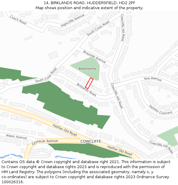 14, BIRKLANDS ROAD, HUDDERSFIELD, HD2 2PF: Location map and indicative extent of plot