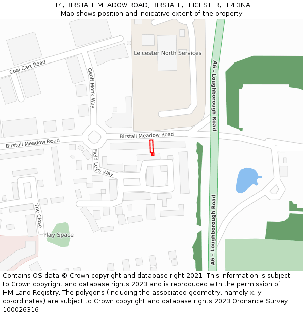 14, BIRSTALL MEADOW ROAD, BIRSTALL, LEICESTER, LE4 3NA: Location map and indicative extent of plot