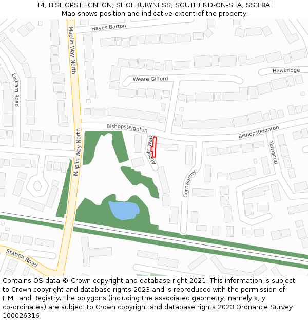 14, BISHOPSTEIGNTON, SHOEBURYNESS, SOUTHEND-ON-SEA, SS3 8AF: Location map and indicative extent of plot