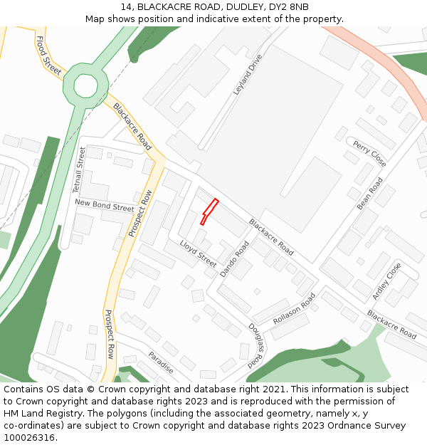 14, BLACKACRE ROAD, DUDLEY, DY2 8NB: Location map and indicative extent of plot