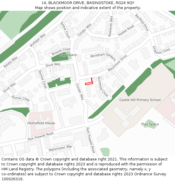 14, BLACKMOOR DRIVE, BASINGSTOKE, RG24 9QY: Location map and indicative extent of plot
