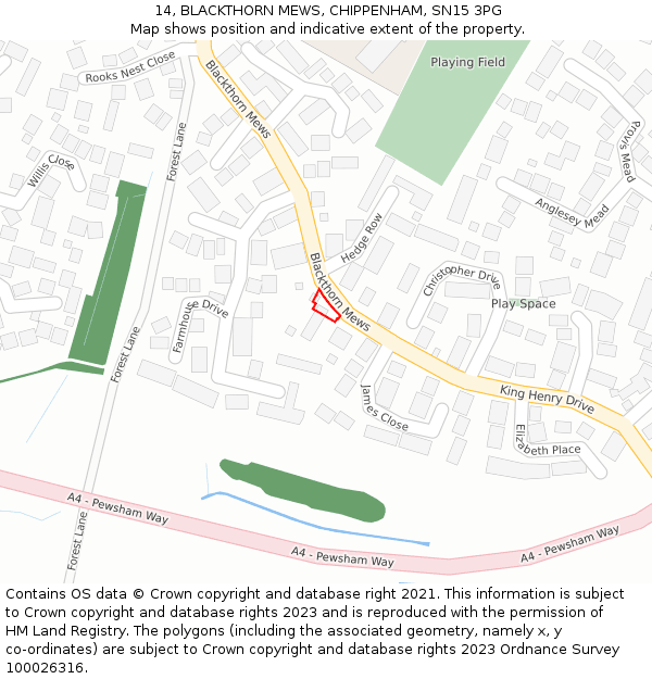 14, BLACKTHORN MEWS, CHIPPENHAM, SN15 3PG: Location map and indicative extent of plot