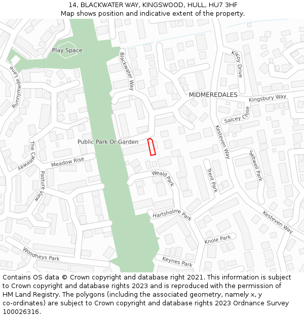14, BLACKWATER WAY, KINGSWOOD, HULL, HU7 3HF: Location map and indicative extent of plot