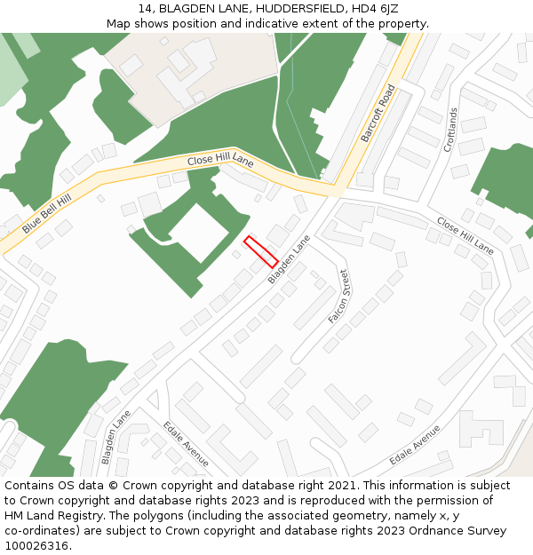 14, BLAGDEN LANE, HUDDERSFIELD, HD4 6JZ: Location map and indicative extent of plot