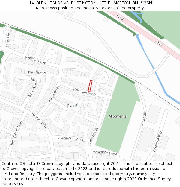 14, BLENHEIM DRIVE, RUSTINGTON, LITTLEHAMPTON, BN16 3SN: Location map and indicative extent of plot