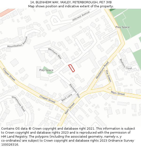 14, BLENHEIM WAY, YAXLEY, PETERBOROUGH, PE7 3YB: Location map and indicative extent of plot