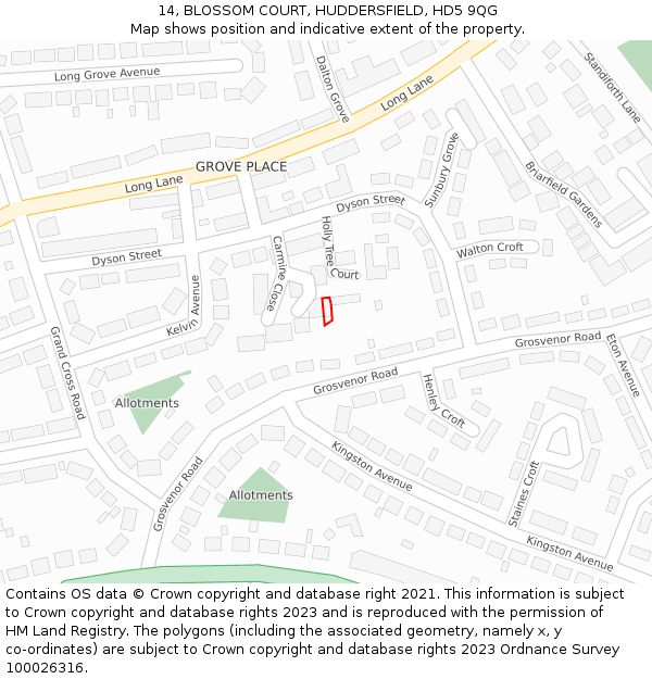 14, BLOSSOM COURT, HUDDERSFIELD, HD5 9QG: Location map and indicative extent of plot