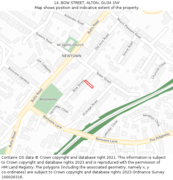 14, BOW STREET, ALTON, GU34 1NY: Location map and indicative extent of plot