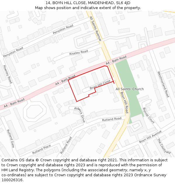 14, BOYN HILL CLOSE, MAIDENHEAD, SL6 4JD: Location map and indicative extent of plot