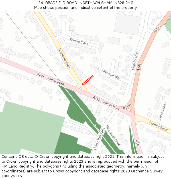 14, BRADFIELD ROAD, NORTH WALSHAM, NR28 0HG: Location map and indicative extent of plot