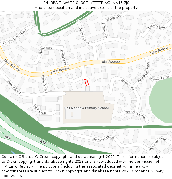 14, BRAITHWAITE CLOSE, KETTERING, NN15 7JS: Location map and indicative extent of plot