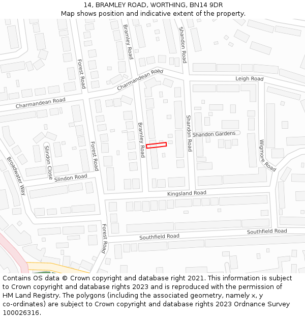 14, BRAMLEY ROAD, WORTHING, BN14 9DR: Location map and indicative extent of plot