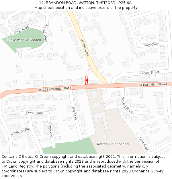 14, BRANDON ROAD, WATTON, THETFORD, IP25 6AL: Location map and indicative extent of plot