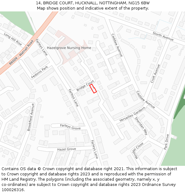 14, BRIDGE COURT, HUCKNALL, NOTTINGHAM, NG15 6BW: Location map and indicative extent of plot