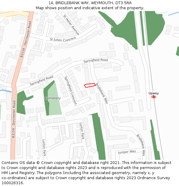 14, BRIDLEBANK WAY, WEYMOUTH, DT3 5RA: Location map and indicative extent of plot