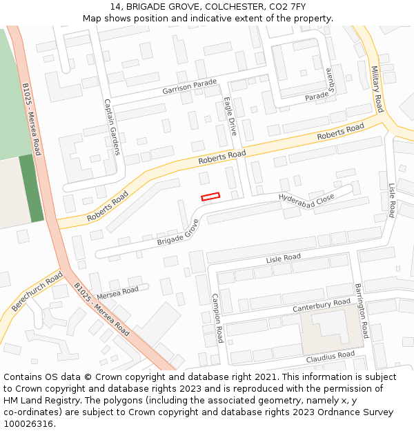 14, BRIGADE GROVE, COLCHESTER, CO2 7FY: Location map and indicative extent of plot