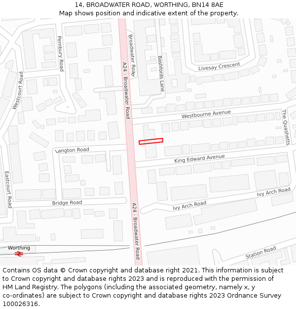 14, BROADWATER ROAD, WORTHING, BN14 8AE: Location map and indicative extent of plot