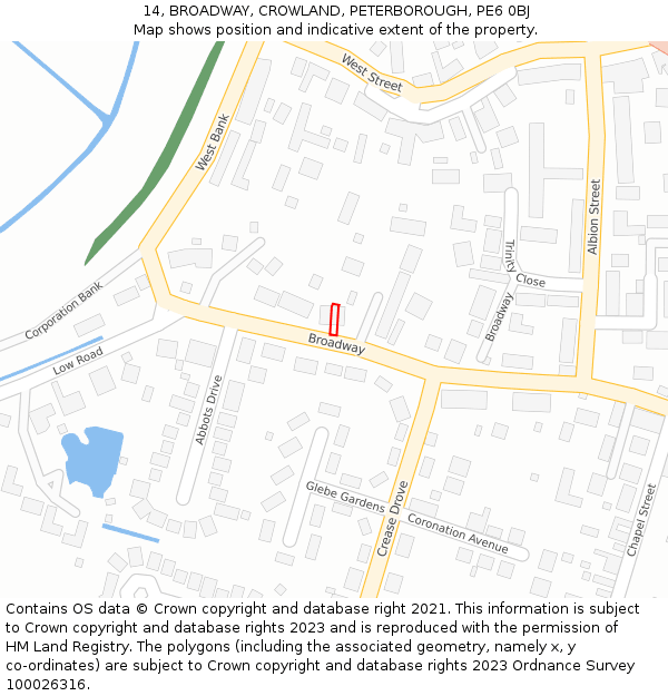 14, BROADWAY, CROWLAND, PETERBOROUGH, PE6 0BJ: Location map and indicative extent of plot