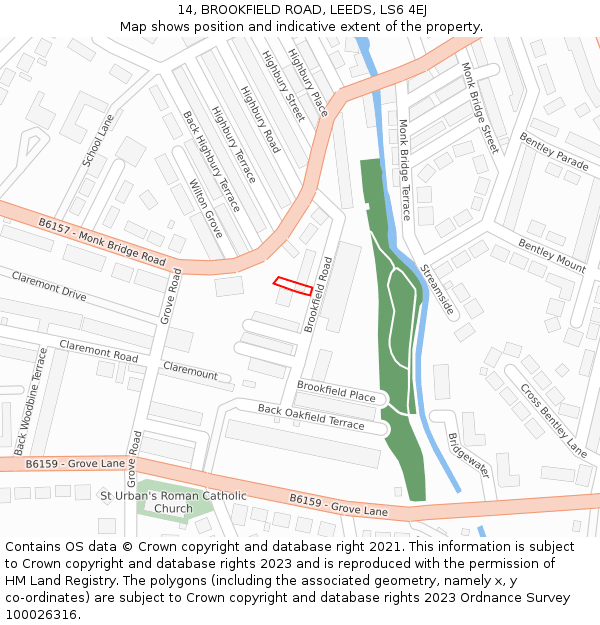 14, BROOKFIELD ROAD, LEEDS, LS6 4EJ: Location map and indicative extent of plot