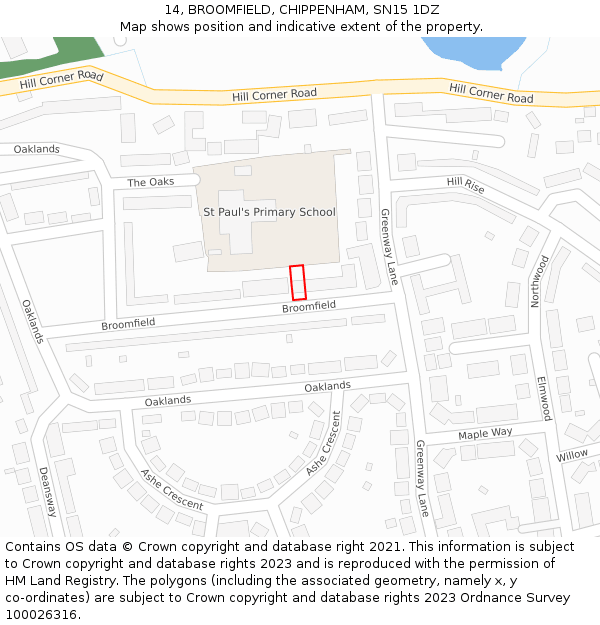 14, BROOMFIELD, CHIPPENHAM, SN15 1DZ: Location map and indicative extent of plot