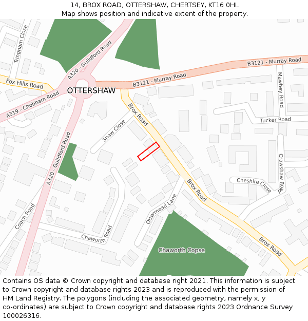 14, BROX ROAD, OTTERSHAW, CHERTSEY, KT16 0HL: Location map and indicative extent of plot