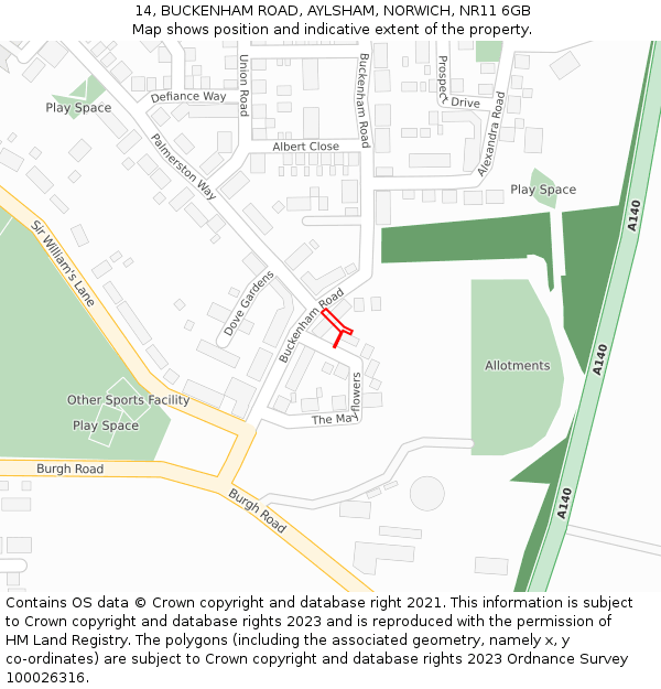 14, BUCKENHAM ROAD, AYLSHAM, NORWICH, NR11 6GB: Location map and indicative extent of plot