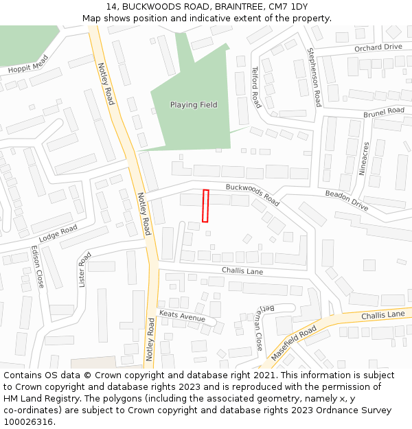 14, BUCKWOODS ROAD, BRAINTREE, CM7 1DY: Location map and indicative extent of plot