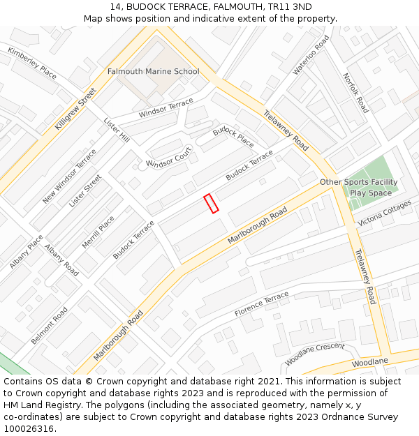 14, BUDOCK TERRACE, FALMOUTH, TR11 3ND: Location map and indicative extent of plot