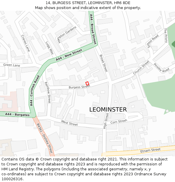 14, BURGESS STREET, LEOMINSTER, HR6 8DE: Location map and indicative extent of plot