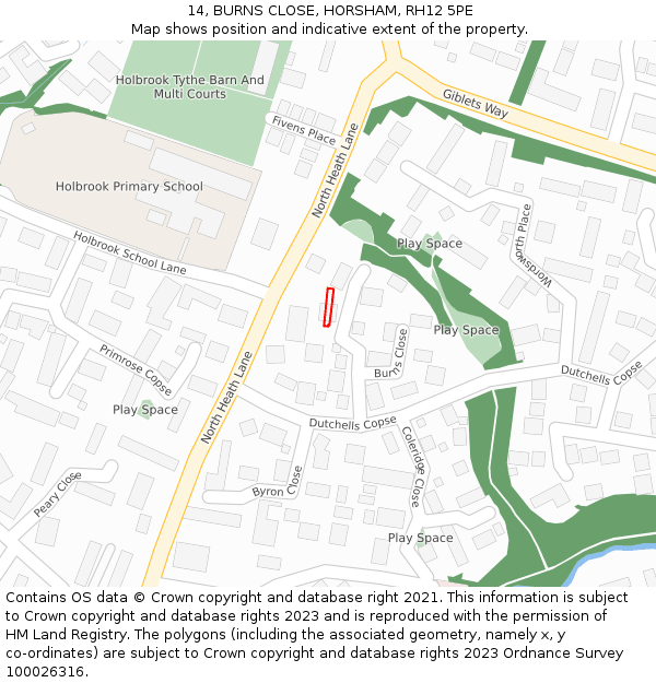 14, BURNS CLOSE, HORSHAM, RH12 5PE: Location map and indicative extent of plot