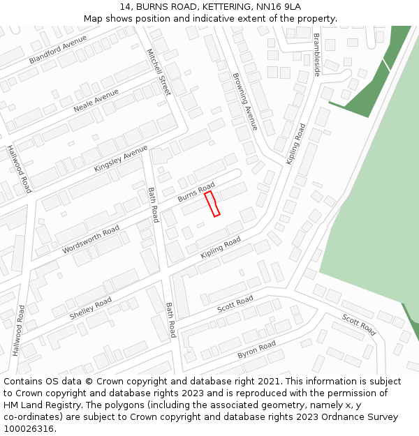 14, BURNS ROAD, KETTERING, NN16 9LA: Location map and indicative extent of plot