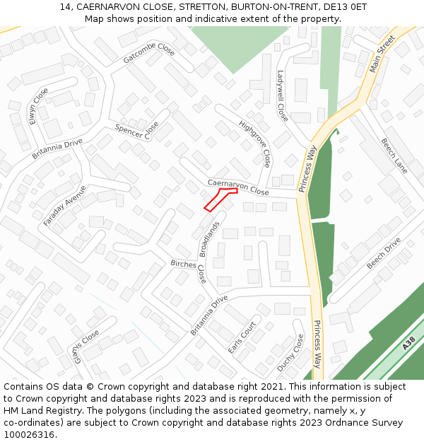 14, CAERNARVON CLOSE, STRETTON, BURTON-ON-TRENT, DE13 0ET: Location map and indicative extent of plot