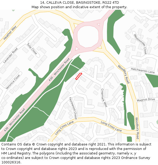 14, CALLEVA CLOSE, BASINGSTOKE, RG22 4TD: Location map and indicative extent of plot
