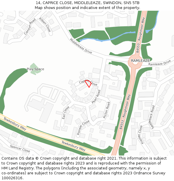 14, CAPRICE CLOSE, MIDDLELEAZE, SWINDON, SN5 5TB: Location map and indicative extent of plot