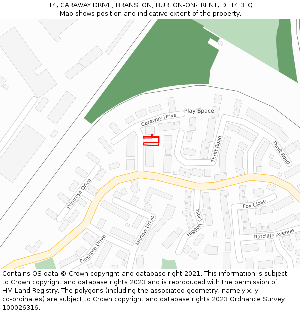 14, CARAWAY DRIVE, BRANSTON, BURTON-ON-TRENT, DE14 3FQ: Location map and indicative extent of plot