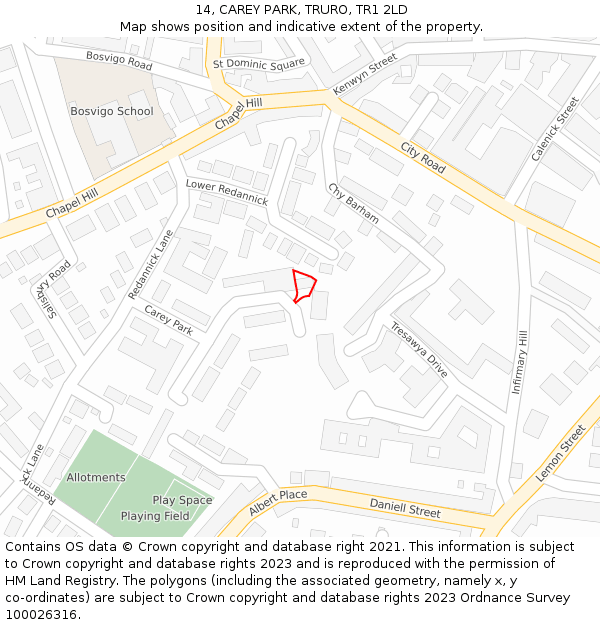 14, CAREY PARK, TRURO, TR1 2LD: Location map and indicative extent of plot
