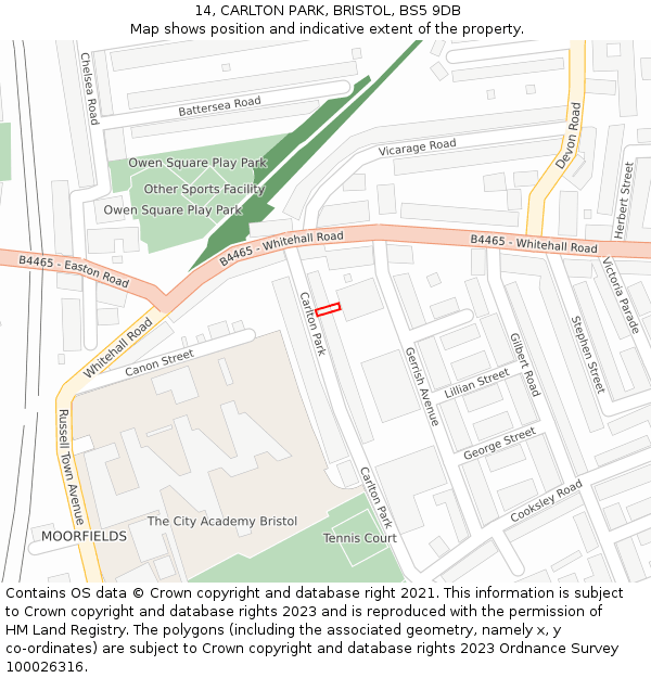 14, CARLTON PARK, BRISTOL, BS5 9DB: Location map and indicative extent of plot