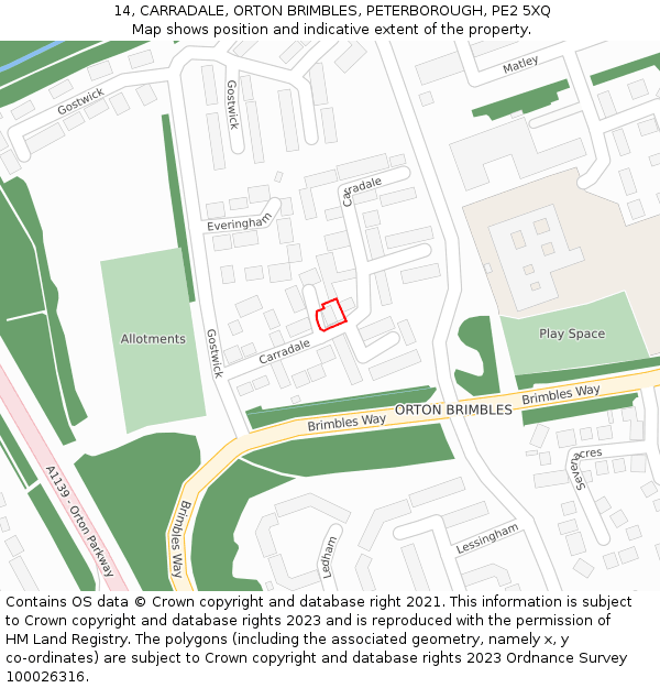 14, CARRADALE, ORTON BRIMBLES, PETERBOROUGH, PE2 5XQ: Location map and indicative extent of plot