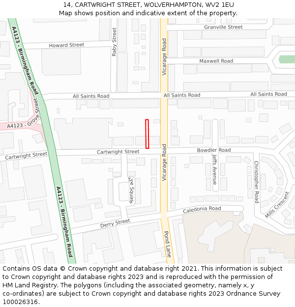 14, CARTWRIGHT STREET, WOLVERHAMPTON, WV2 1EU: Location map and indicative extent of plot