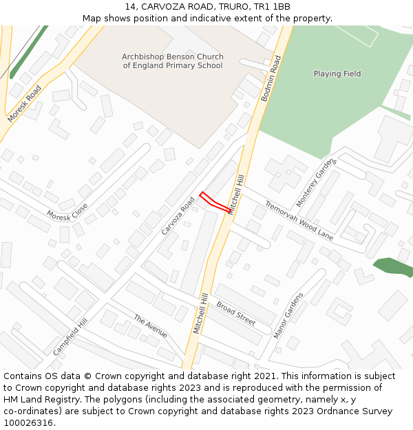 14, CARVOZA ROAD, TRURO, TR1 1BB: Location map and indicative extent of plot