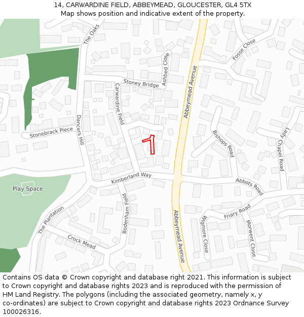 14, CARWARDINE FIELD, ABBEYMEAD, GLOUCESTER, GL4 5TX: Location map and indicative extent of plot