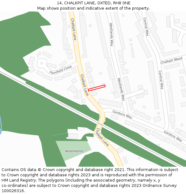 14, CHALKPIT LANE, OXTED, RH8 0NE: Location map and indicative extent of plot