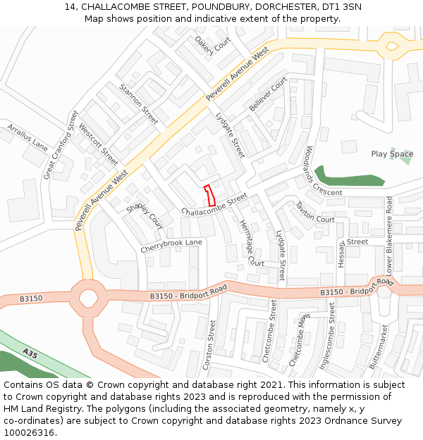 14, CHALLACOMBE STREET, POUNDBURY, DORCHESTER, DT1 3SN: Location map and indicative extent of plot